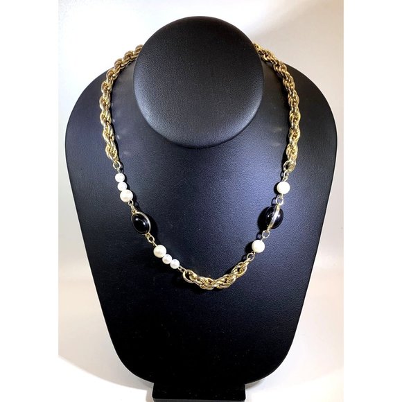 Jewelry Necklace Gold Tone Rope Chain Faux Pearl Black Bead Vintage